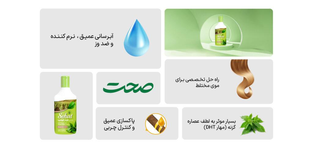 شامپو گزنه و آلوئه ورا صحت با فرمول گیاهی دوگانه، چربی پوست سر را کنترل و ساقه مو را آبرسانی میکند. عصاره گزنه ریزش و شوره را کاهش میدهد و آلوئه ورا خشکی و وز مو را ترمیم میکند. شامپو گزنه و آلوئه ورا صحت با فرمول گیاهی دوگانه، چربی پوست سر را کنترل و ساقه مو را آبرسانی میکند. عصاره گزنه ریزش و شوره را کاهش میدهد و آلوئه ورا خشکی و وز مو را ترمیم میکند.